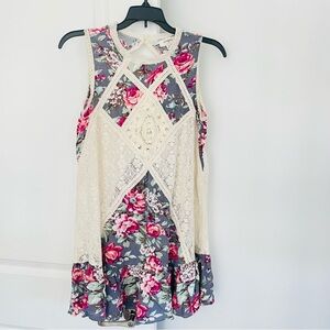 Umgee Patchwork Mini Dress Lace Floral Keyhole Back